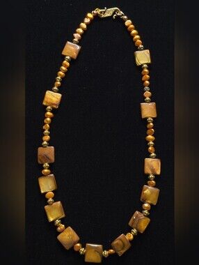 Artisan Dyed Mother of Pearl Shell Freshwater Pearl Necklace Bronze Gold Boho